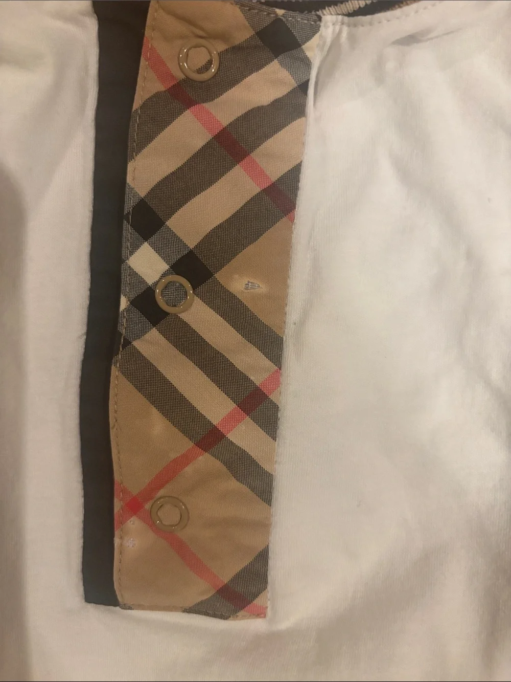 Burberry White Baby One-Piece with Signature Plaid Trim -Damaged